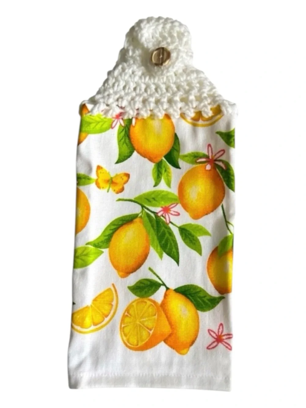 Hand Crafted Lemon Print Hanging Kitchen Towel - White, Yellow, Green